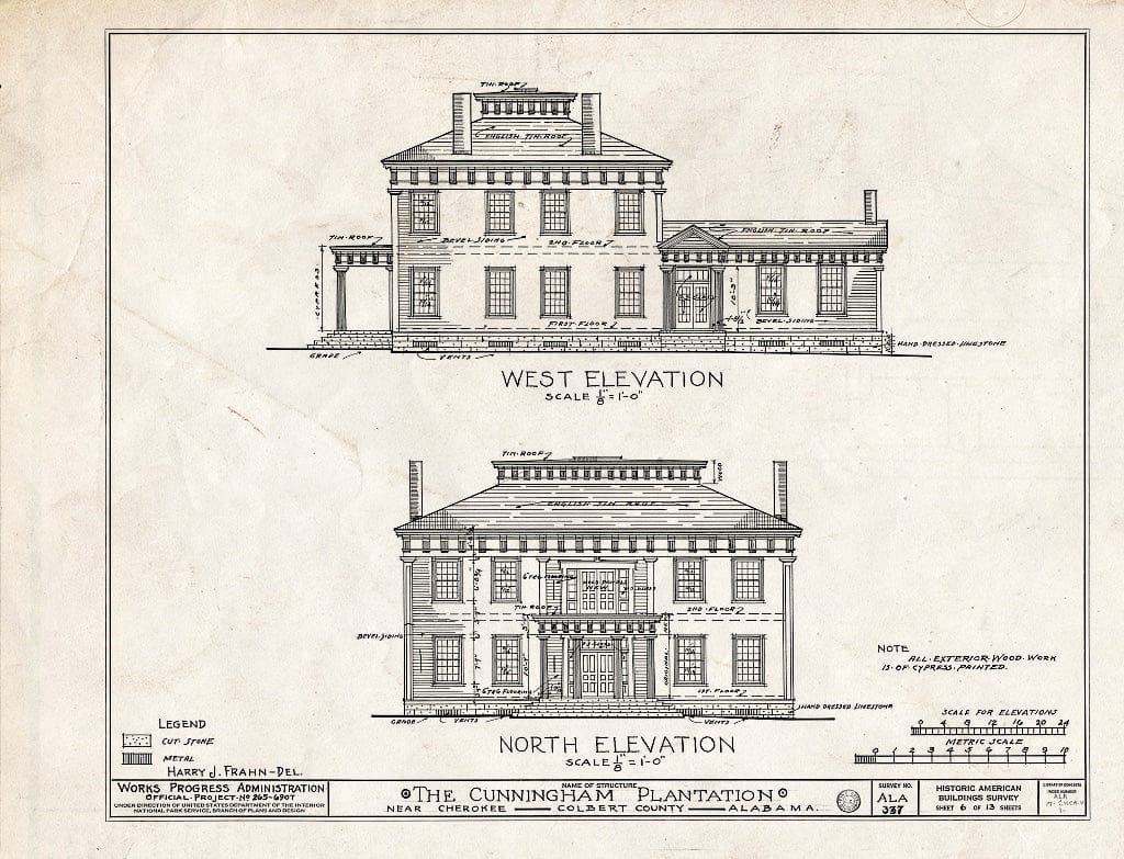 Blueprint HABS ALA,17-Cher.V,1- (Sheet 6 of 13) - Cunningham Plantation, Old Memphis Road (Gaines Trace Road), Cherokee, Colbert County, AL