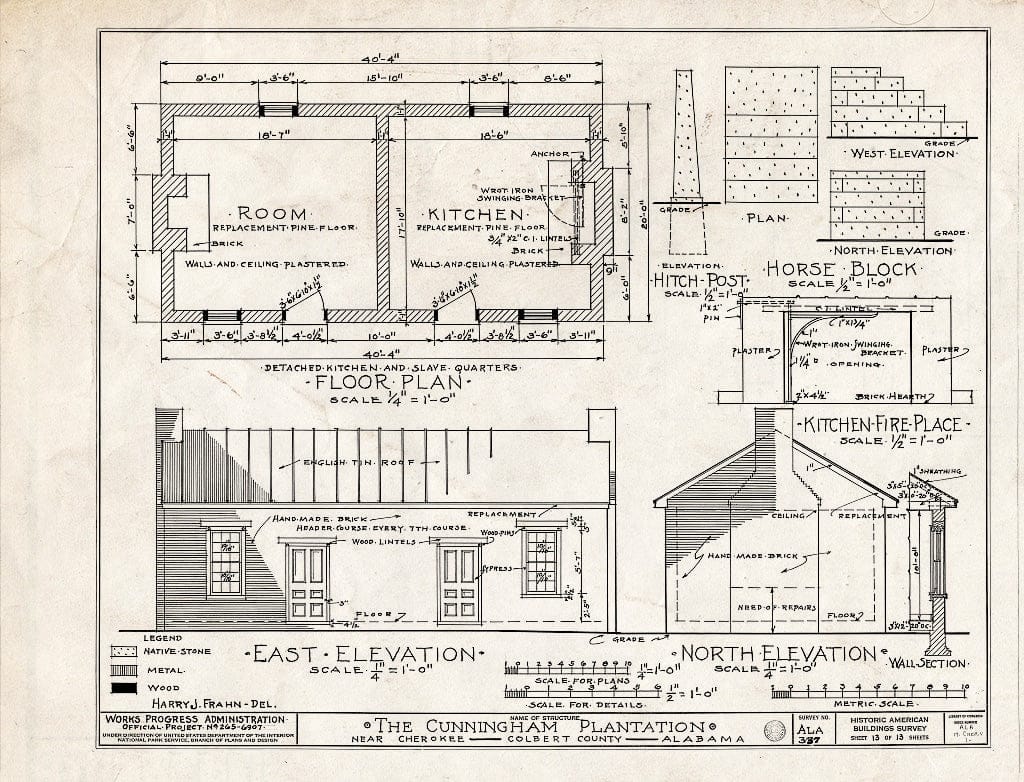 Blueprint HABS ALA,17-Cher.V,1- (Sheet 13 of 13) - Cunningham Plantation, Old Memphis Road (Gaines Trace Road), Cherokee, Colbert County, AL