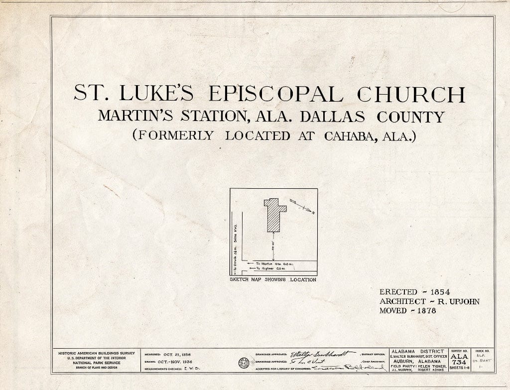 Blueprint HABS ALA,24-MART,1- (Sheet 0 of 6) - St. Luke's Episcopal Church, (Moved from Cahaba, AL), Martin, Dallas County, AL