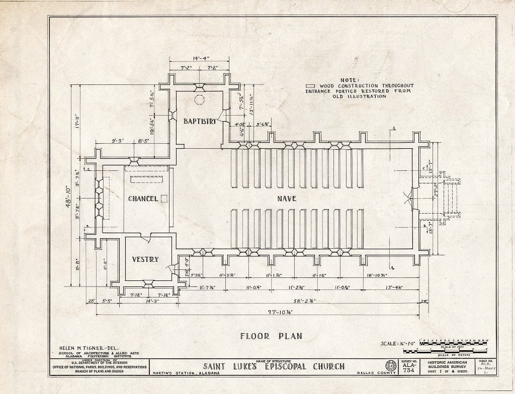 Blueprint HABS ALA,24-MART,1- (Sheet 1 of 6) - St. Luke's Episcopal Church, (Moved from Cahaba, AL), Martin, Dallas County, AL