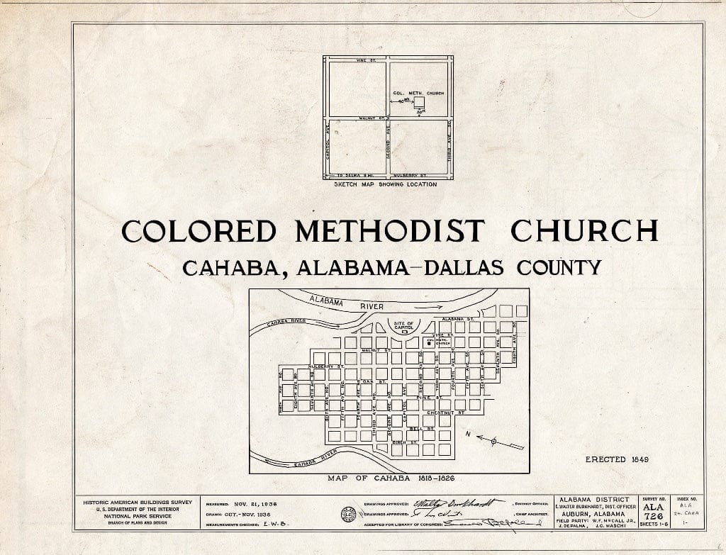 Blueprint HABS ALA,24-CAHA,1- (Sheet 0 of 6) - Methodist Church, Walnut Street, Cahaba, Dallas County, AL