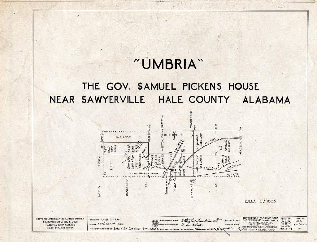 Blueprint HABS ALA,33-SAWV.V,1- (Sheet 0 of 8) - Governor Samuel Pickens House, State Route 14, Sawyerville, Hale County, AL