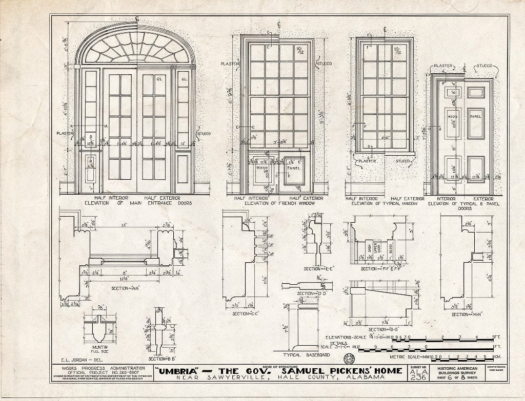 Blueprint HABS ALA,33-SAWV.V,1- (Sheet 6 of 8) - Governor Samuel Pickens House, State Route 14, Sawyerville, Hale County, AL