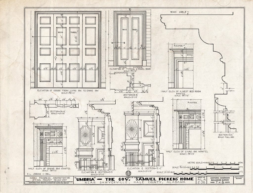 Blueprint HABS ALA,33-SAWV.V,1- (Sheet 7 of 8) - Governor Samuel Pickens House, State Route 14, Sawyerville, Hale County, AL