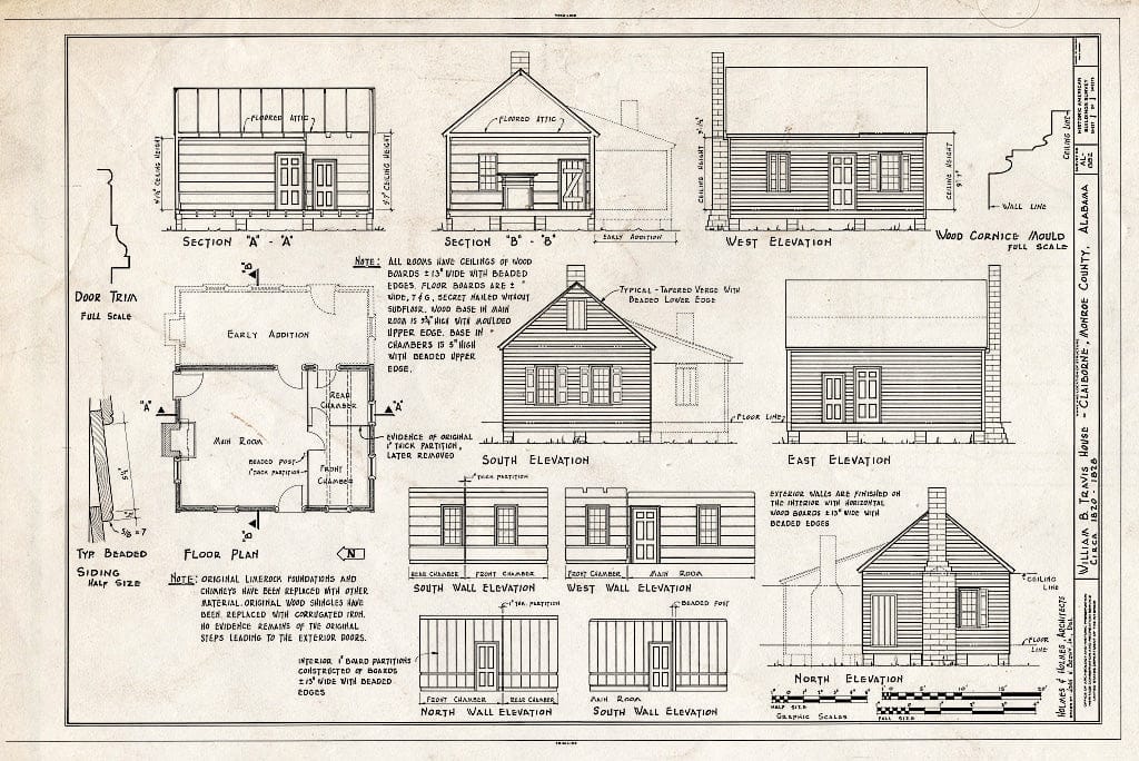 Blueprint HABS ALA,50-CLAB,3- (Sheet 1 of 1) - William B. Travis House, Claiborne, Monroe County, AL