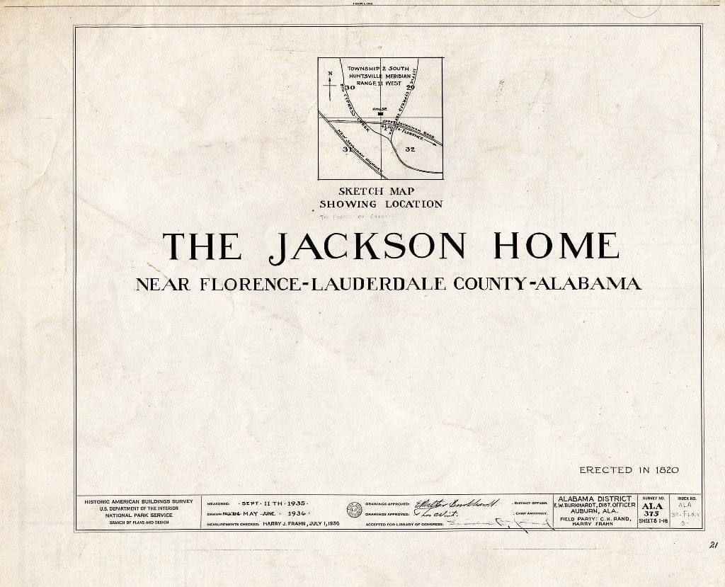 Blueprint HABS ALA,39-FLO.V,3- (Sheet 0 of 18) - Forks of Cypress, Savannah Road (Jackson Road), Florence, Lauderdale County, AL