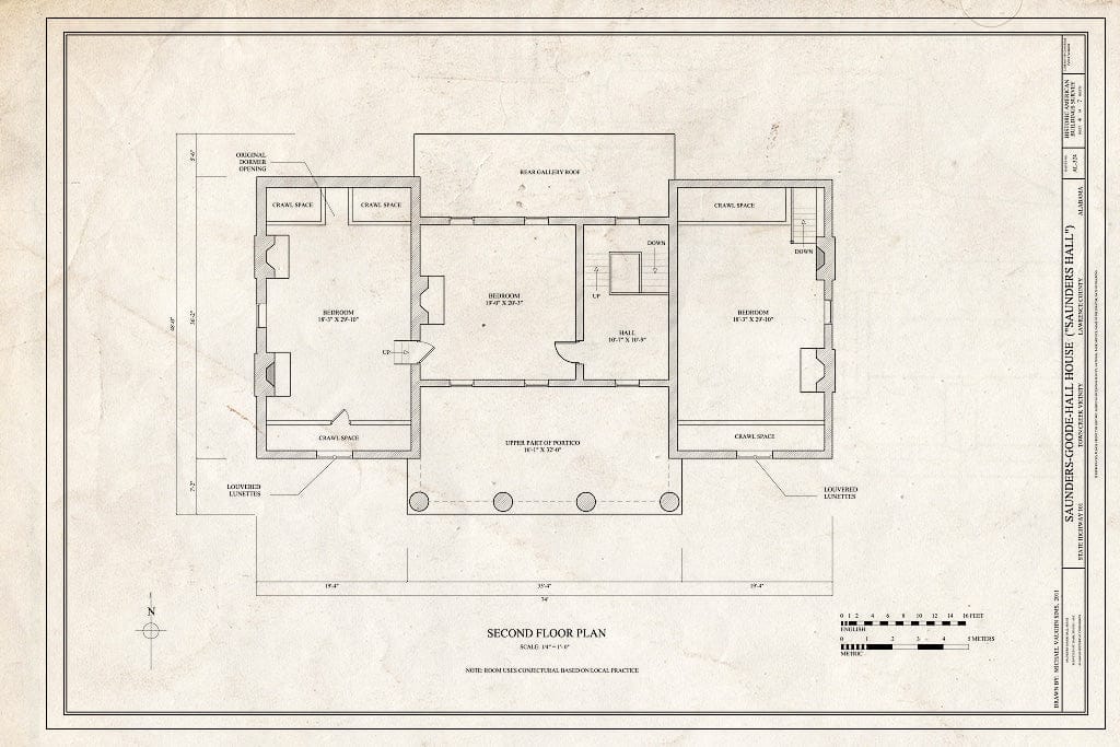 Blueprint Second Floor Plan - Saunders-Goode-Hall House, State Highway 101, Town Creek, Lawrence County, AL
