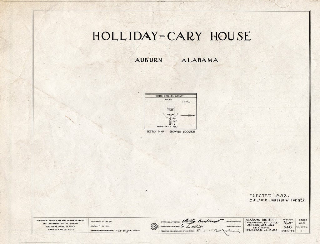Blueprint HABS ALA,41-AUB,2- (Sheet 0 of 6) - Holliday-Carey House, 360 North College Street, Auburn, Lee County, AL
