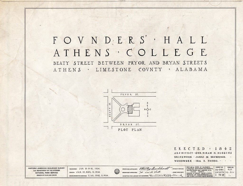 Blueprint HABS ALA,42-ATH,1- (Sheet 0 of 10) - Athens College, Founder's Hall, Beaty Street, Athens, Limestone County, AL
