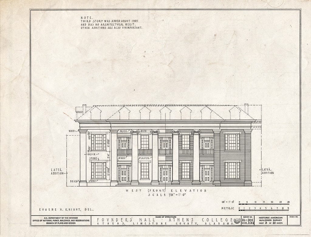 Blueprint HABS ALA,42-ATH,1- (Sheet 3 of 10) - Athens College, Founder's Hall, Beaty Street, Athens, Limestone County, AL