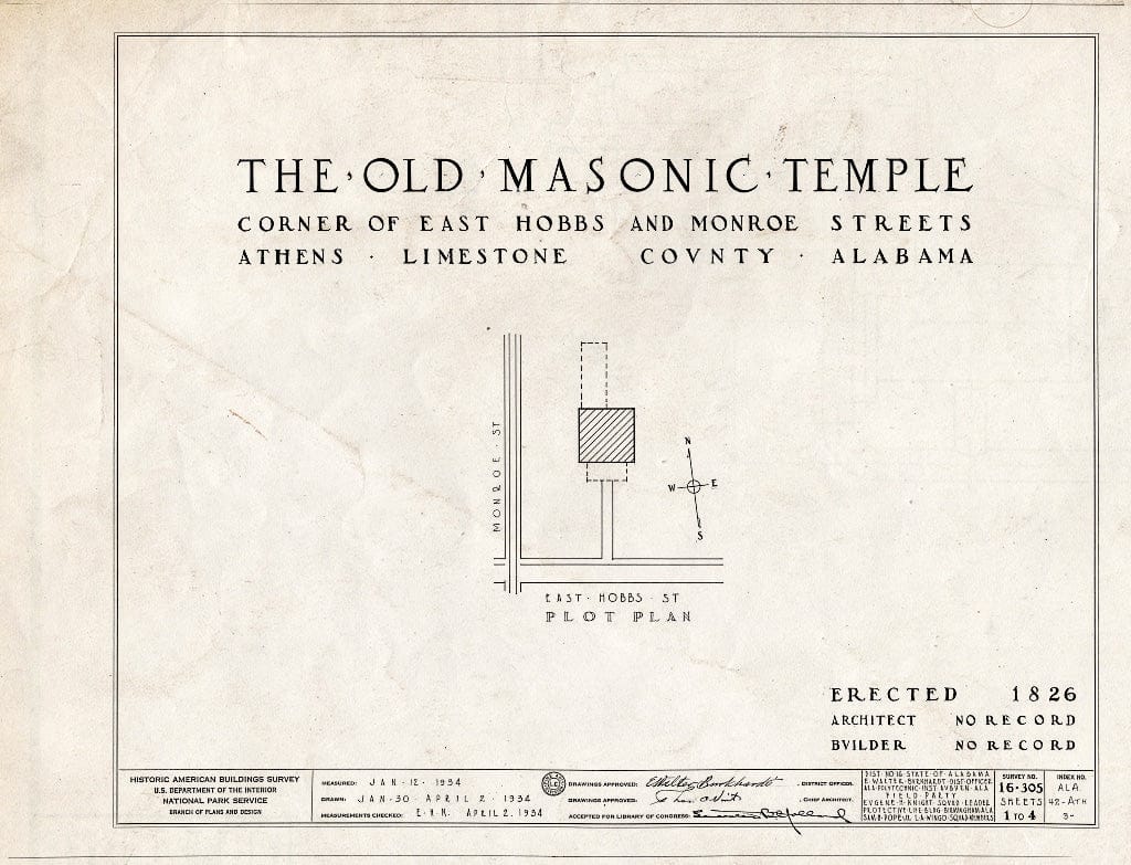 Blueprint HABS ALA,42-ATH,3- (Sheet 0 of 4) - Old Masonic Hall, Monroe & East Hobbs Streets, Athens, Limestone County, AL