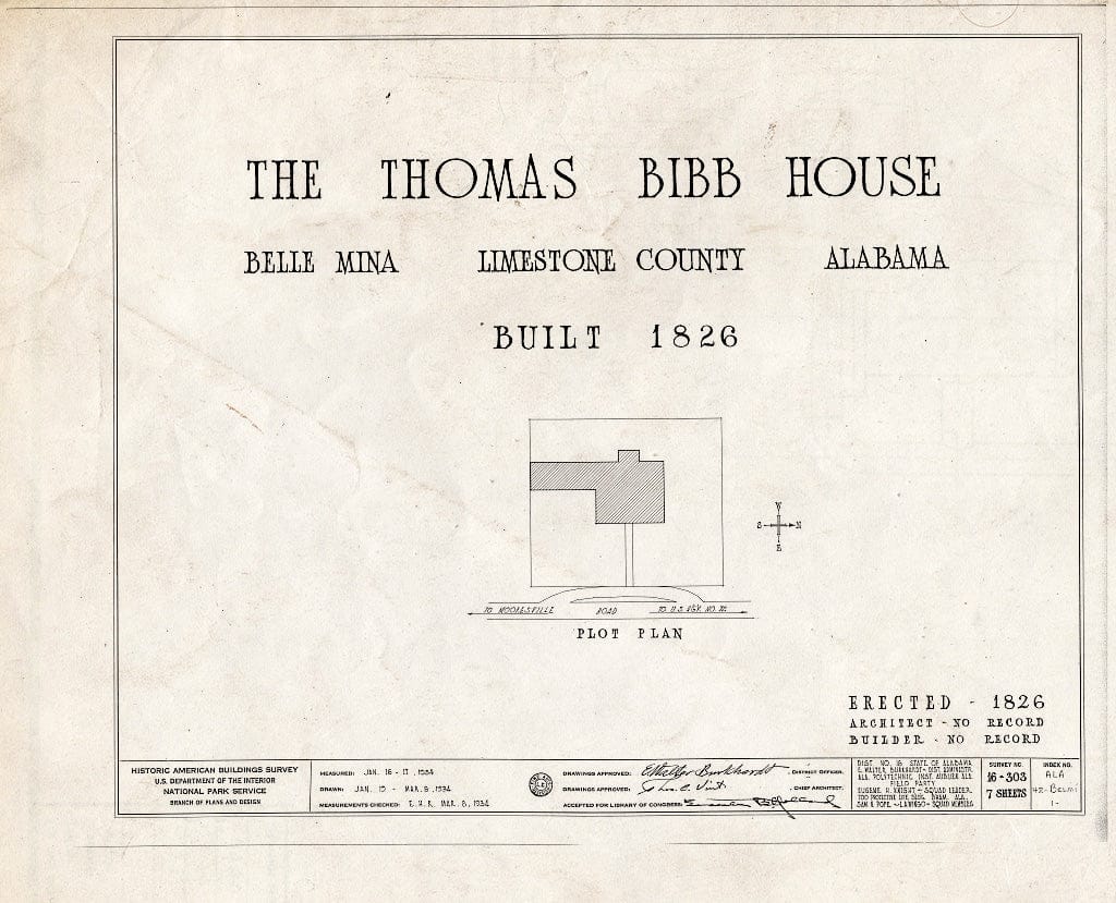 Blueprint HABS ALA,42-BELMI,1- (Sheet 0 of 7) - Governor Thomas Bibb House, County Road 71, Belle Mina, Limestone County, AL