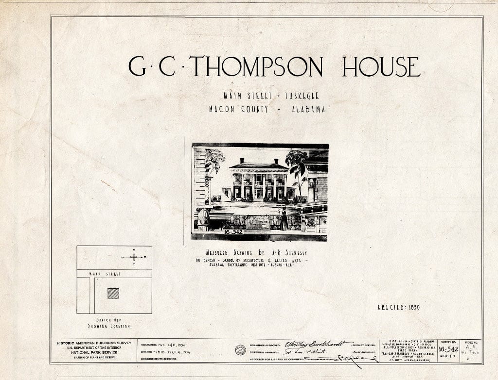 Blueprint HABS ALA,44-TUSG,4- (Sheet 0 of 3) - G. C. Thompson House, 302 North Main Street, Tuskegee, Macon County, AL