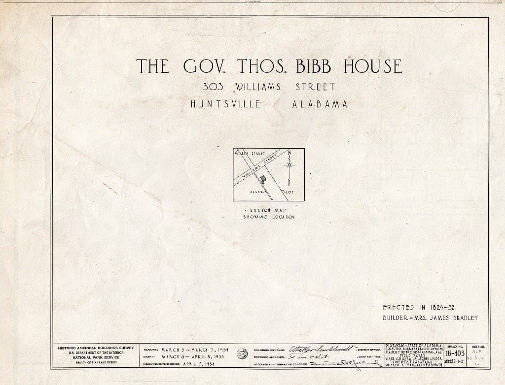 Blueprint HABS ALA,45-HUVI,1- (Sheet 0 of 5) - Governor Thomas Bibb House, 303 Williams Street, Huntsville, Madison County, AL