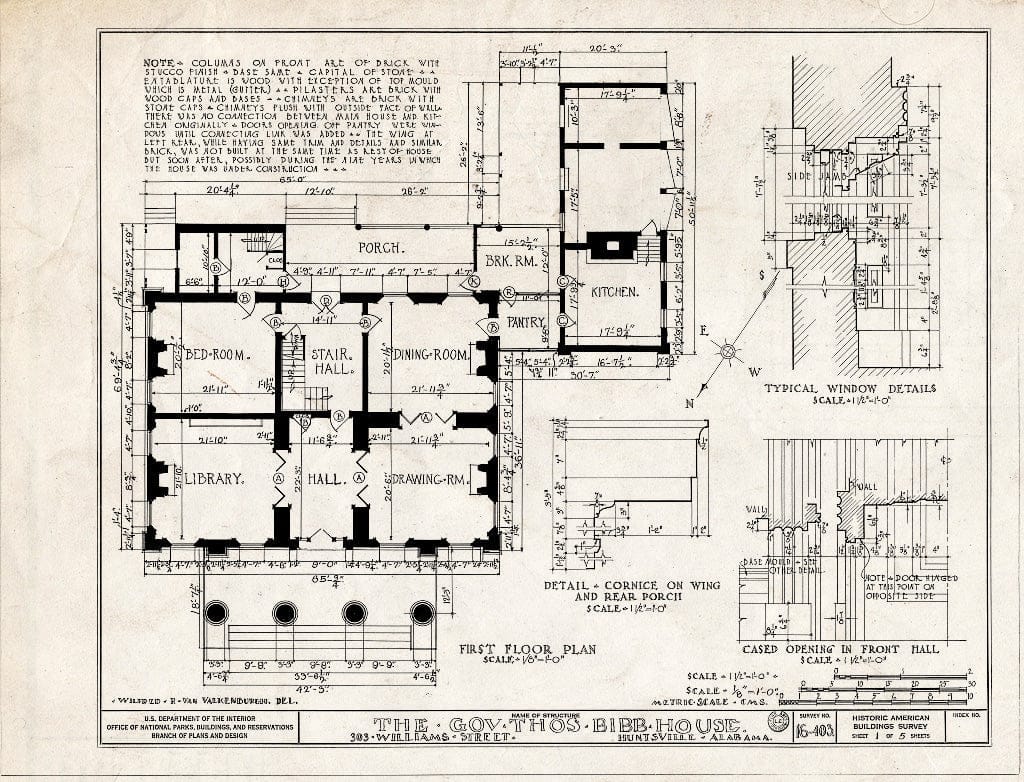 Blueprint HABS ALA,45-HUVI,1- (Sheet 1 of 5) - Governor Thomas Bibb House, 303 Williams Street, Huntsville, Madison County, AL
