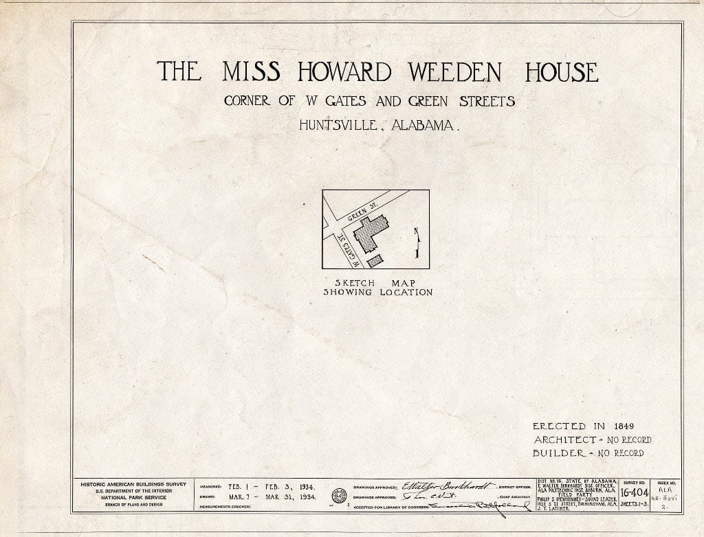 Blueprint HABS ALA,45-HUVI,2- (Sheet 0 of 3) - Miss Howard Weeden House, 300 Gates Avenue, Huntsville, Madison County, AL