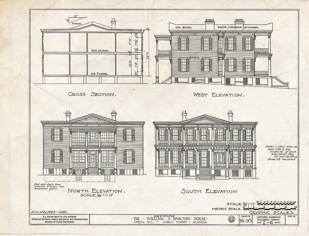 Blueprint HABS ALA,49-SPRIHI,2- (Sheet 2 of 6) - William A. Dawson House, 76 South McGregor Avenue, Spring Hill, Mobile County, AL
