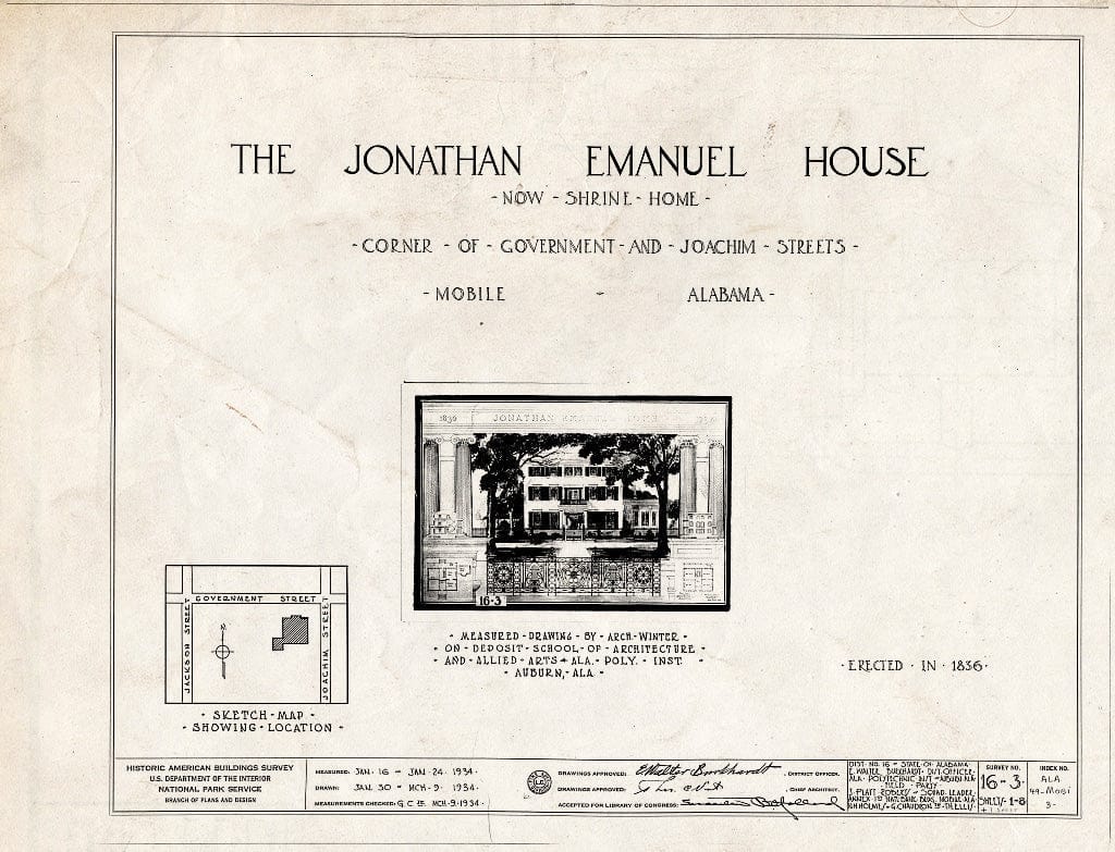 Blueprint HABS ALA,49-MOBI,3- (Sheet 0 of 8) - Jonathan Emanuel House, 251 Government Street, Mobile, Mobile County, AL
