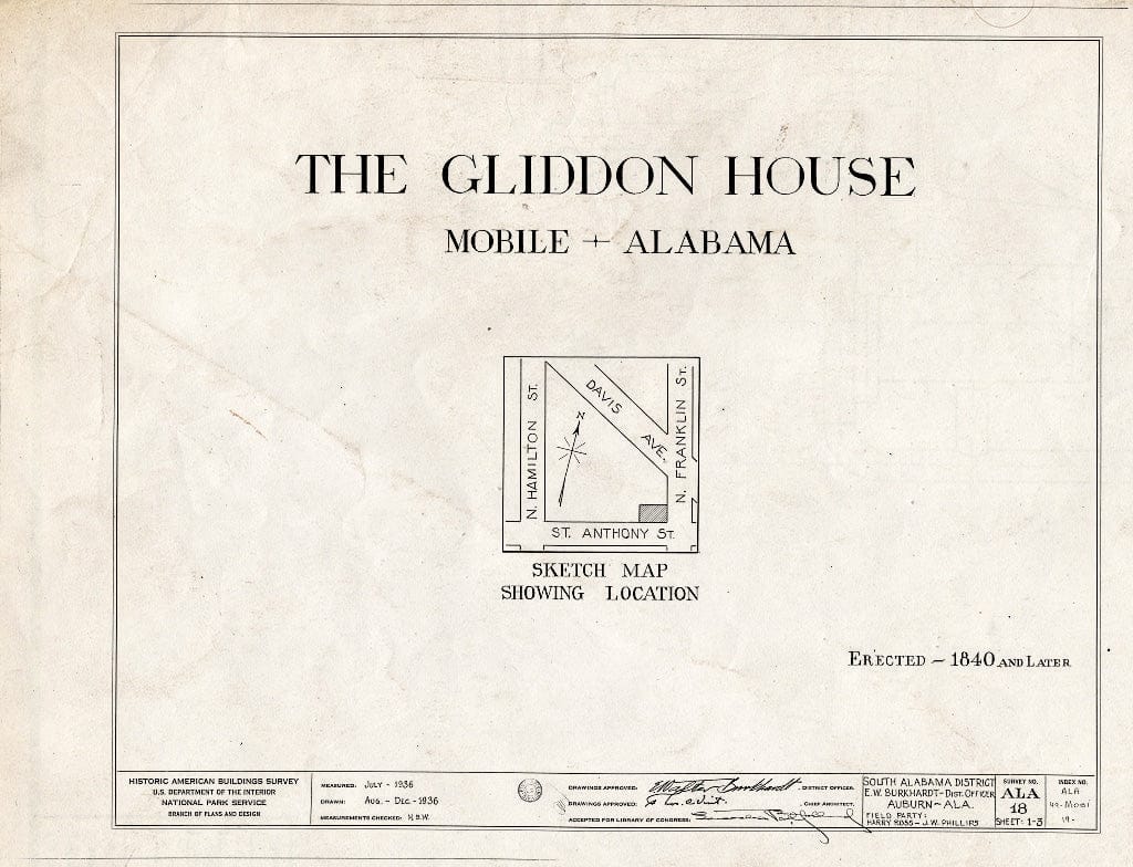 Blueprint HABS ALA,49-MOBI,19- (Sheet 0 of 3) - John S. Gliddon House, 400 Saint Anthony Street, Mobile, Mobile County, AL