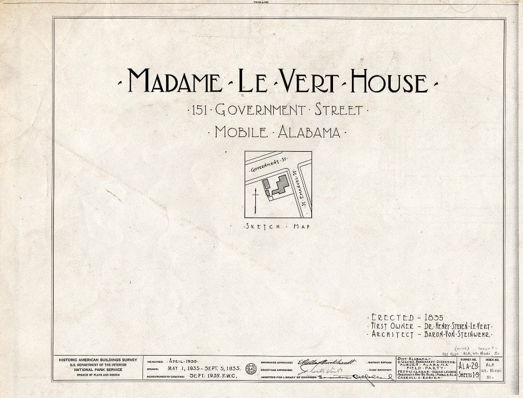 Blueprint HABS ALA,49-MOBI,31- (Sheet 0 of 9) - Madame Levert House & Office, 151 & 153 Government Street, Mobile, Mobile County, AL