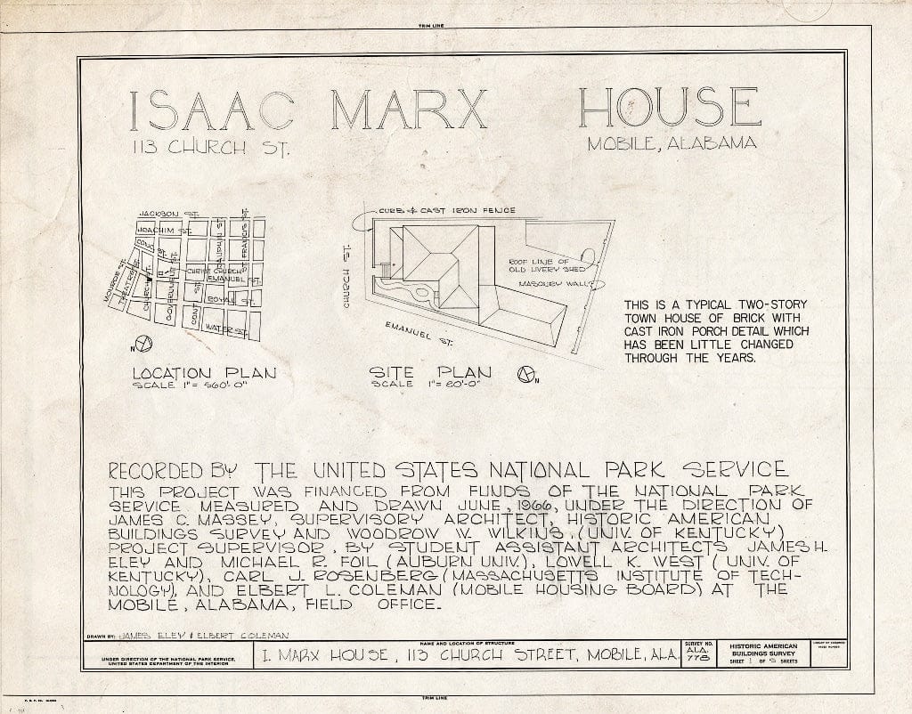Blueprint HABS ALA,49-MOBI,114- (Sheet 1 of 5) - Isaac Marx House, 113 Church Street (Moved to 307 University Boulevard), Mobile, Mobile County, AL