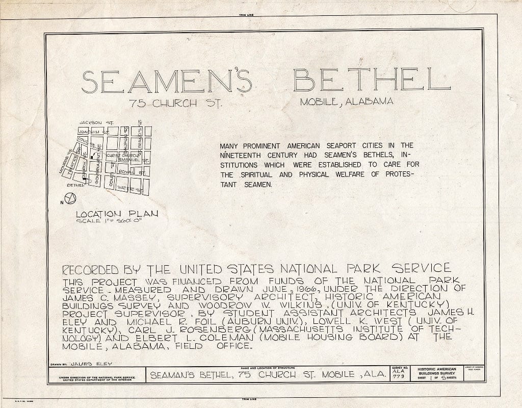 Blueprint HABS ALA,49-MOBI,115- (Sheet 1 of 5) - Seamen's Bethel, 75 Church Street (Moved to 307 University Boulevard), Mobile, Mobile County, AL
