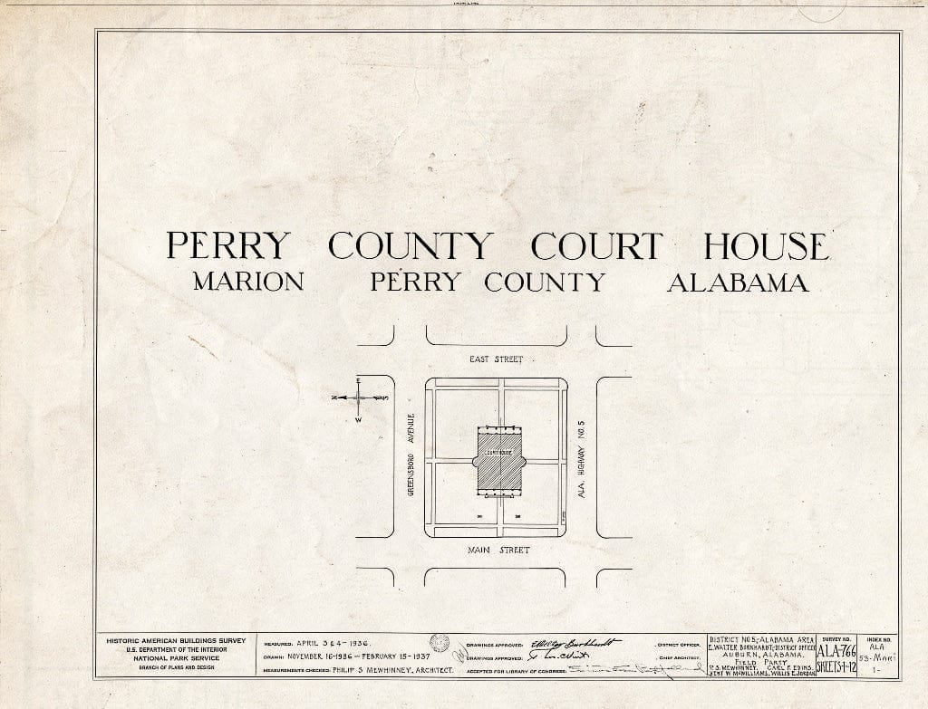 Blueprint HABS ALA,53-MARI,1- (sheet 0 of 12) - Perry County Court House, Square bounded by State Highway 5, Main Street, Greensboro Avenue & East Street, Marion, Perry County, AL