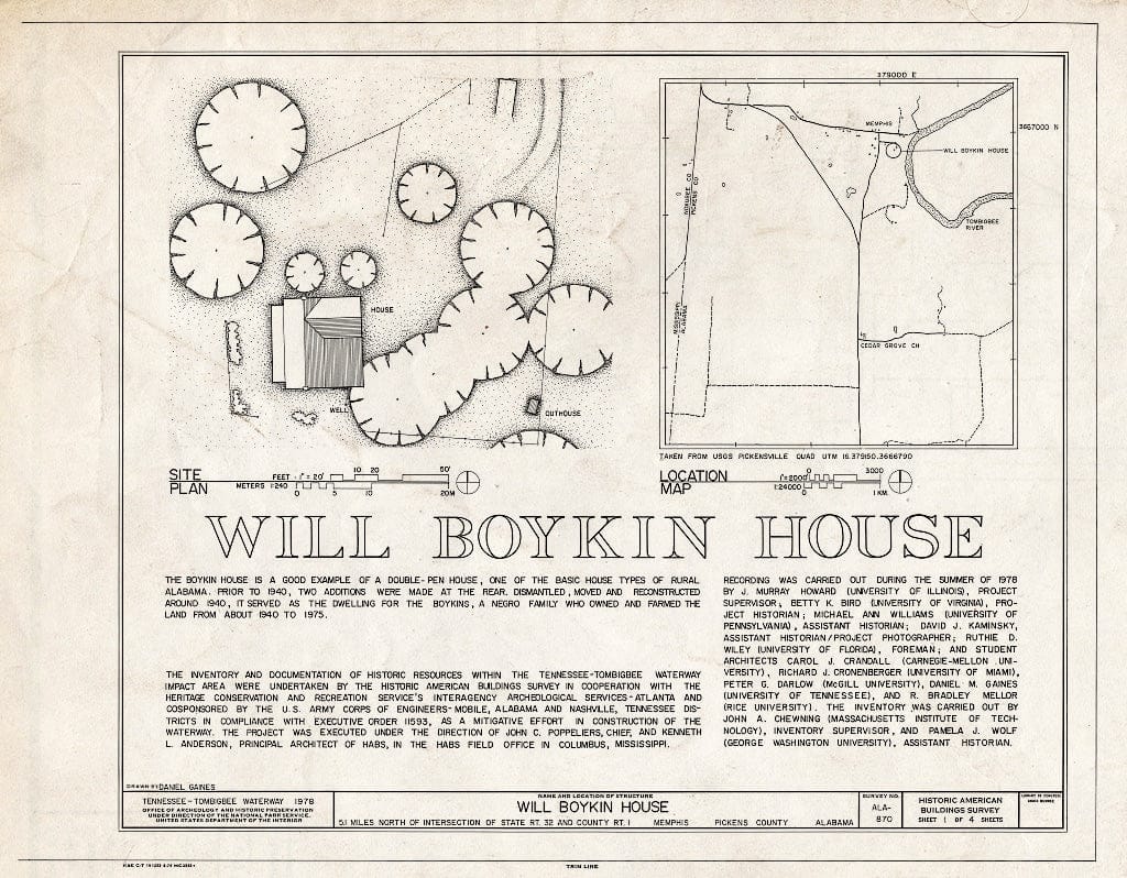 Blueprint HABS ALA,54-MEM,1- (Sheet 1 of 4) - Will Boykin House, State Route 32 & County Route 1 Vicinity, Memphis, Pickens County, AL