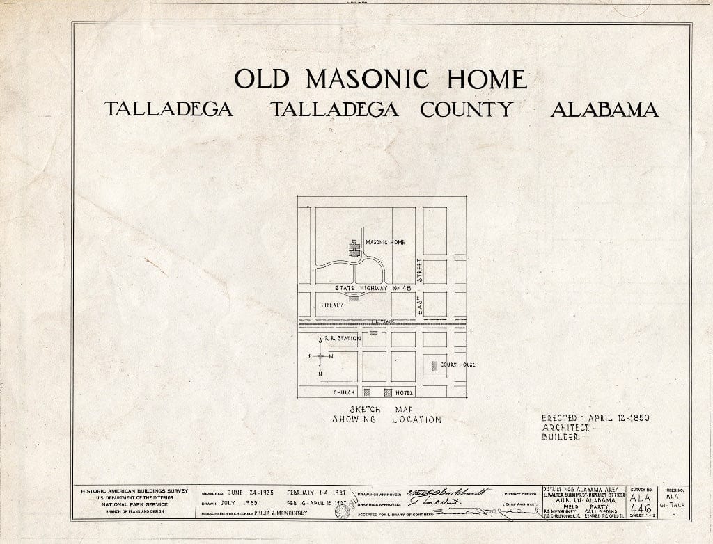 Blueprint HABS ALA,61-TALA,1- (Sheet 0 of 12) - East Alabama Masonic Female Institute, 205 East South Street, Talladega, Talladega County, AL