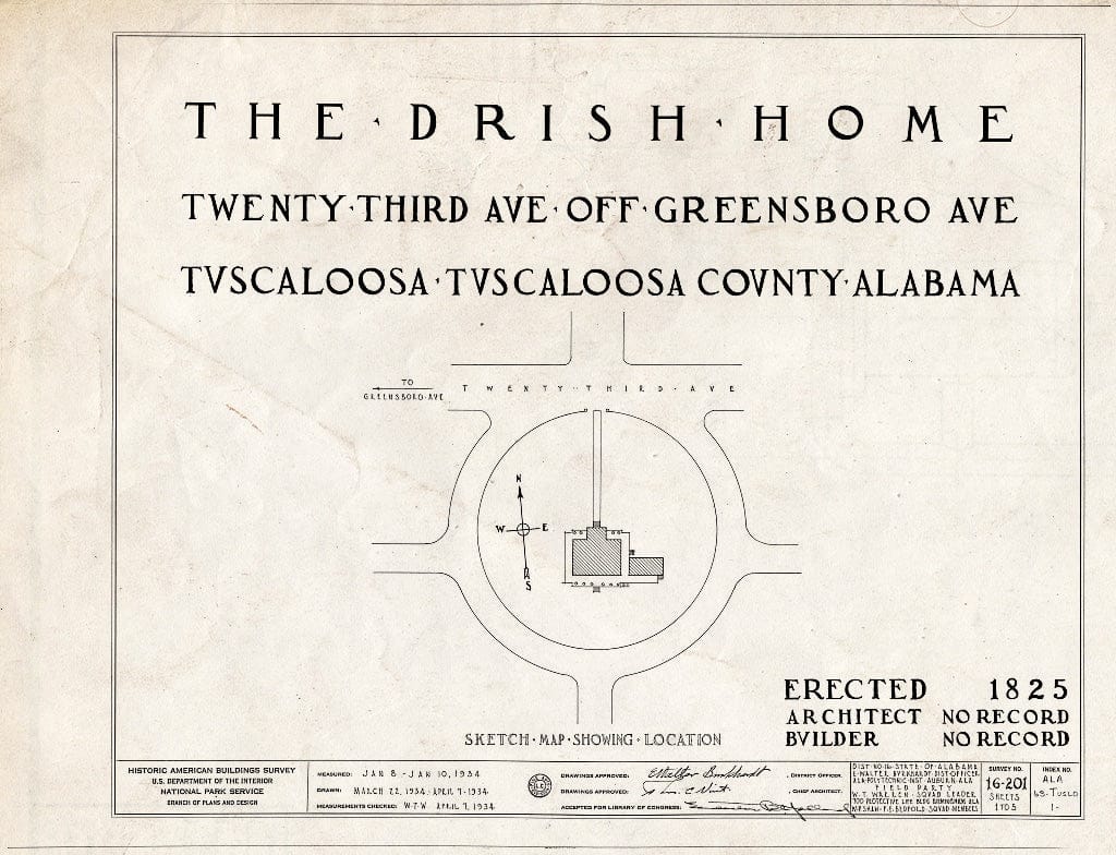 Blueprint HABS ALA,63-TUSLO,1- (Sheet 0 of 5) - Dr. John H. Drish House, 2300 Seventeenth Street, Tuscaloosa, Tuscaloosa County, AL