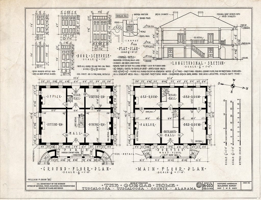 Blueprint HABS ALA,63-TUSLO,3A (Sheet 1 of 4) - University of Alabama, Josiah Gorgas House, Ninth Avenue & Capstone Drive, Tuscaloosa, Tuscaloosa County, AL