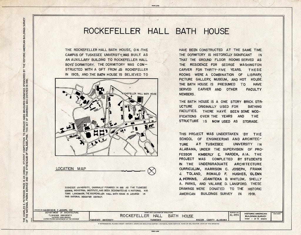 Blueprint HABS ALA,44-TUSG,11- (Sheet 1 of 6) - Rockefeller Hall Bath House, Tuskegee University Campus, Tuskegee, Macon County, AL