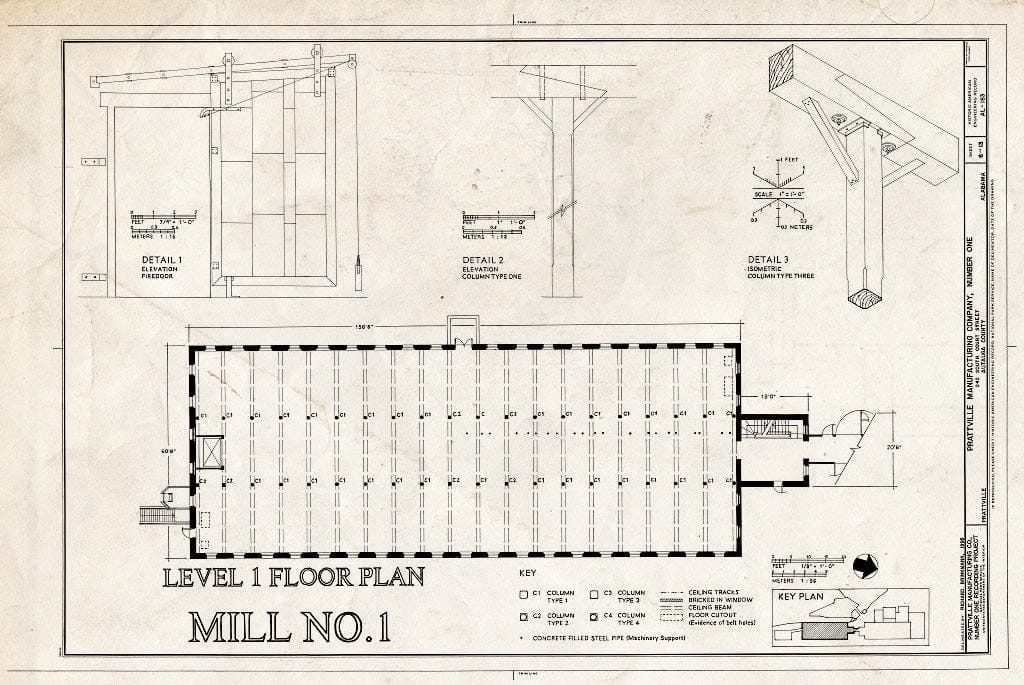 Blueprint Level 1 Floor Plan of Mill No. 1 - Prattville Manufacturing Company, Number One, 242 South Court Street, Prattville, Autauga County, AL