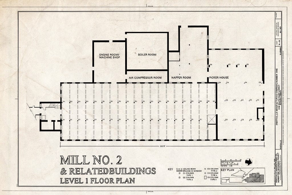 Blueprint Mill No. 2 and Related Building Level 1 Floor Plan - Prattville Manufacturing Company, Number One, 242 South Court Street, Prattville, Autauga County, AL