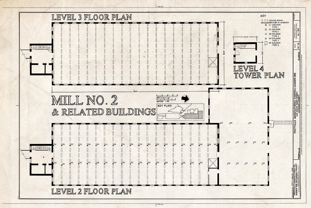 Blueprint Mill No. 2 and Related Building Level 2 and Level 3 Floor Plan - Prattville Manufacturing Company, Number One, 242 South Court Street, Prattville, Autauga County, AL