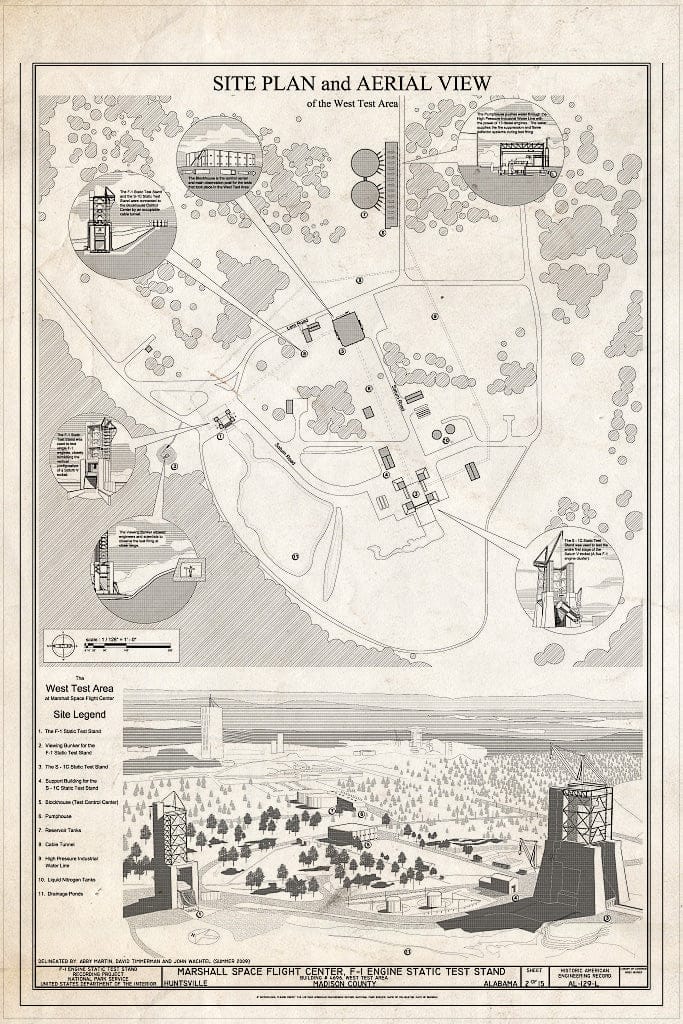Blueprint Site Plan & Aerial View - Marshall Space Flight Center, F-1 Engine Static Test Stand, On Route 565 Between Huntsville and Decatur, Huntsville, Madison County, AL