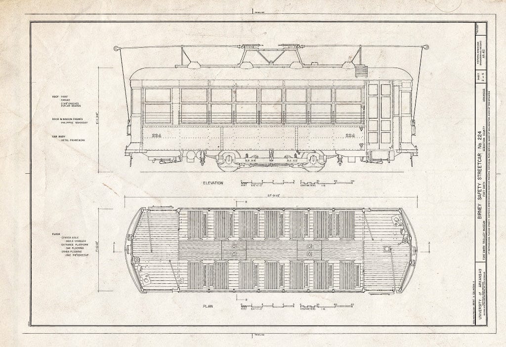 Blueprint Elevation and Plan - Birney Safety Streetcar No. 224, Fort Smith Trolley Museum, Fort Smith, Sebastian County, AR