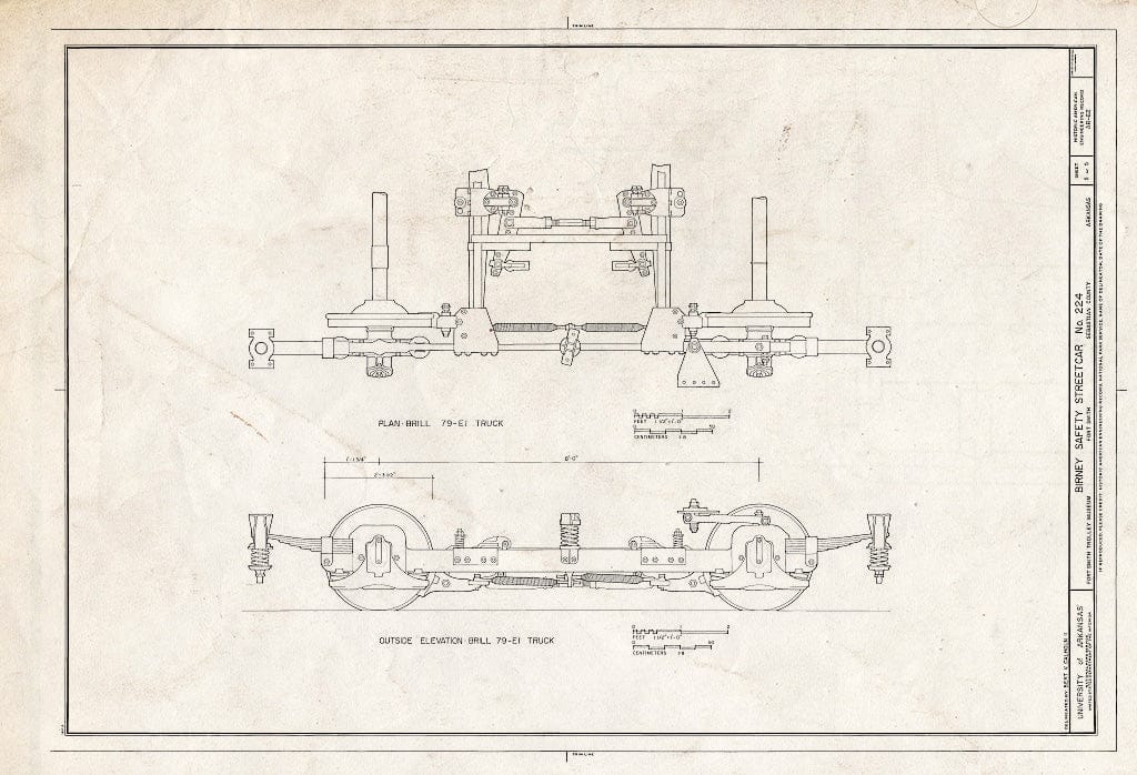 Blueprint Plan of Brill 79-E1 Truck, and Outside Elevation of Brill 79-E1 Truck - Birney Safety Streetcar No. 224, Fort Smith Trolley Museum, Fort Smith, Sebastian County, AR