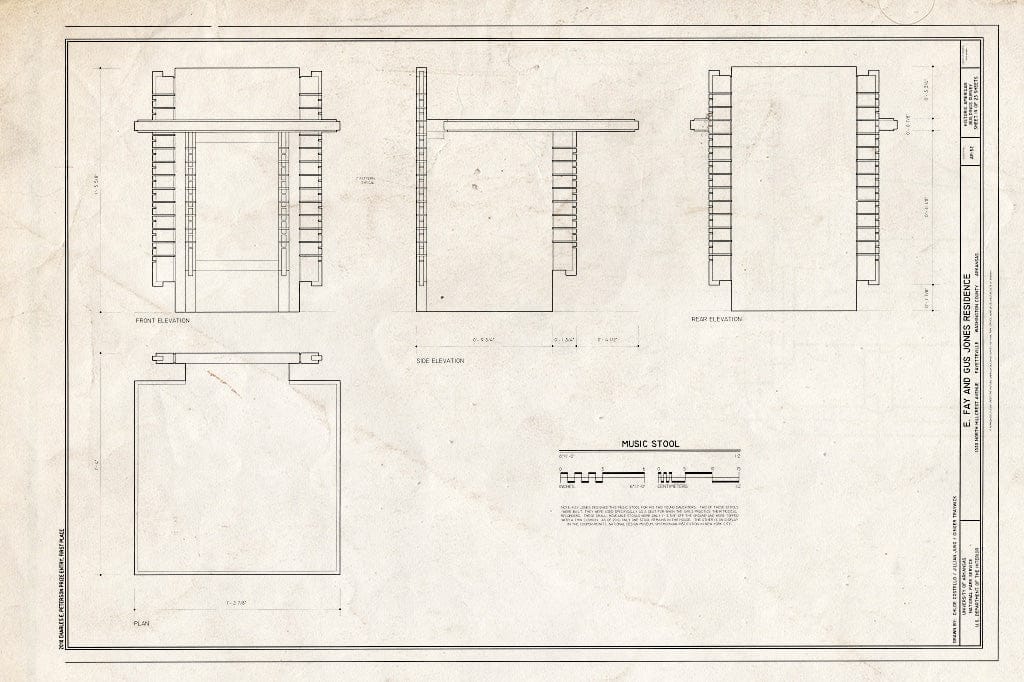 Blueprint Music Stool - E. Fay & Gus Jones House, 1330 North Hillcrest Avenue, Fayetteville, Washington County, AR