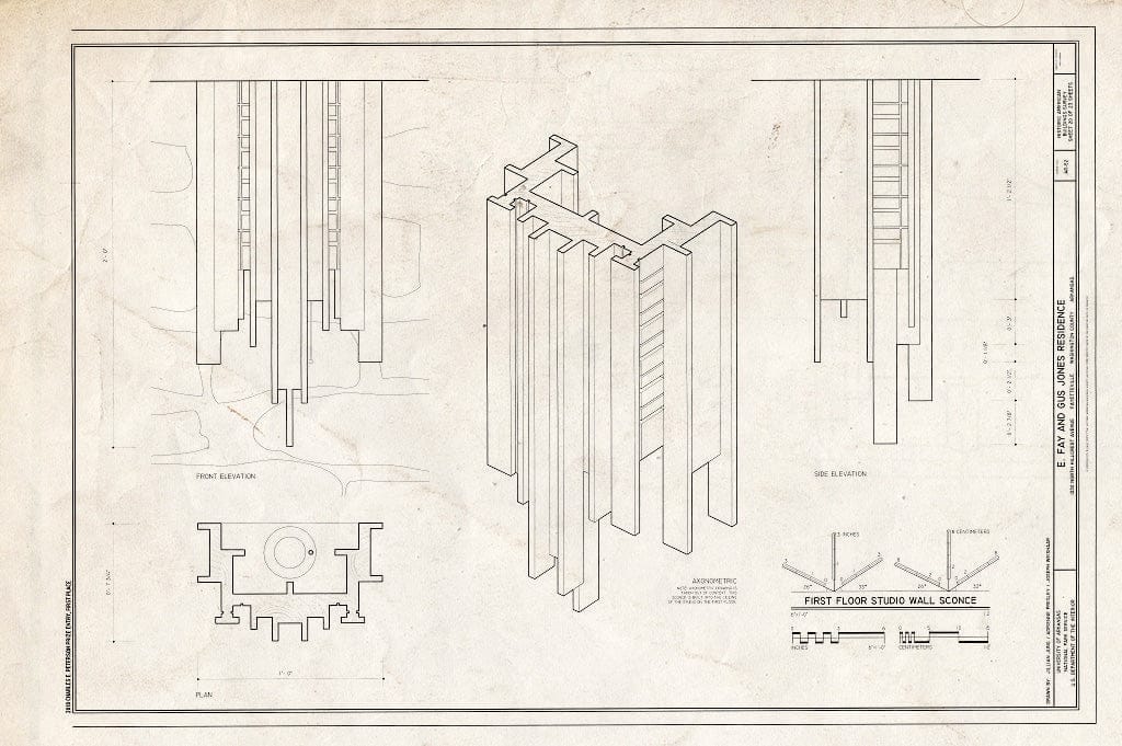 Blueprint First Floor Studio Wall Sconce - E. Fay & Gus Jones House, 1330 North Hillcrest Avenue, Fayetteville, Washington County, AR