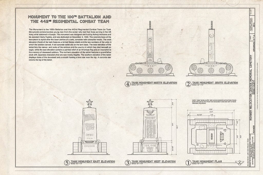 Blueprint Monument to The 100th Battalion and The 442nd Regimental Combat Team - Rohwer Relocation Center Memorial Cemetery, Arkansas Highway #1, Rohwer, Desha County, AR
