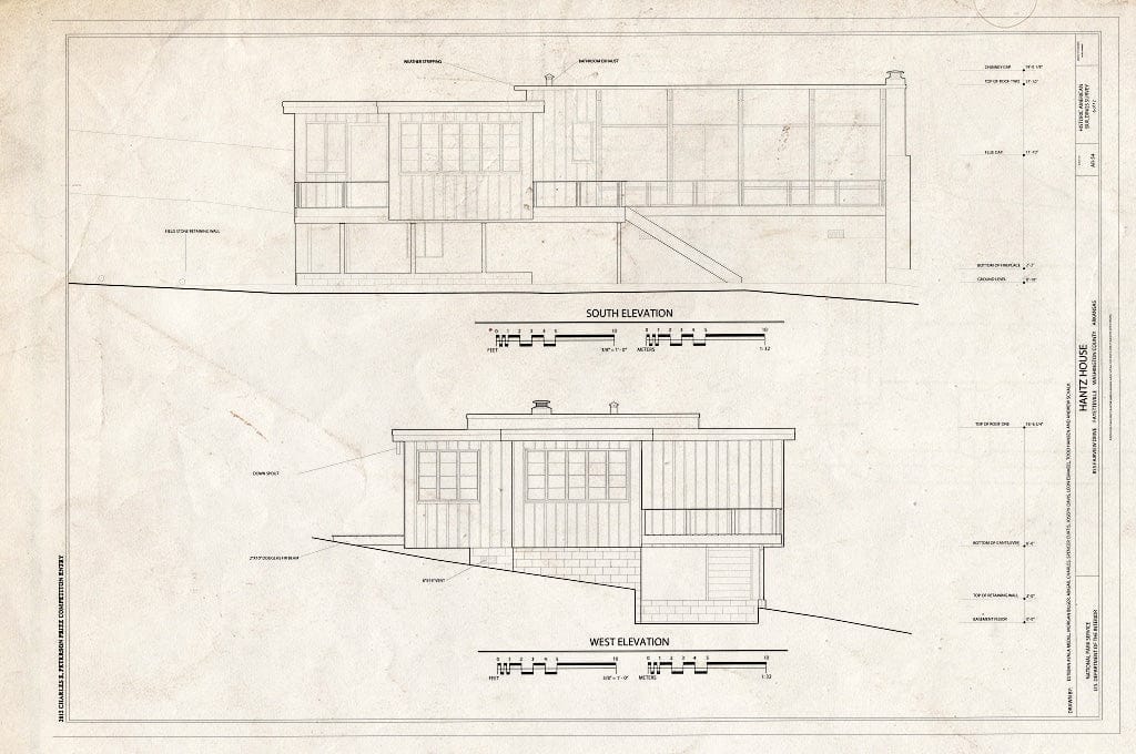 Blueprint South & West Elevations - Hantz House, 855 Fairview Drive, Fayetteville, Washington County, AR