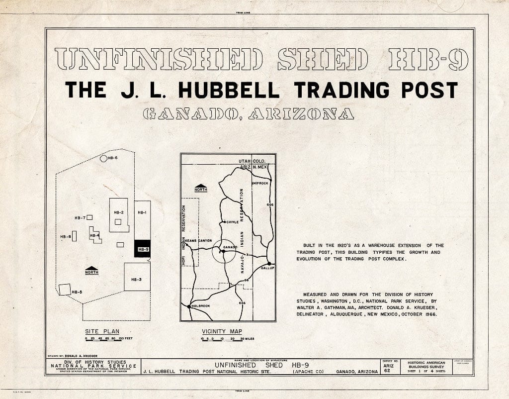 Blueprint HABS ARIZ,1-GANA,1D- (Sheet 1 of 4) - J. L. Hubbell Trading Post, Unfinished Shed, State Route 3 (Navajo Indian Reservation), Ganado, Apache County, AZ