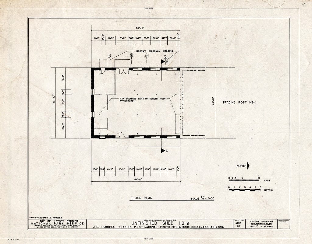Blueprint HABS ARIZ,1-GANA,1D- (Sheet 2 of 4) - J. L. Hubbell Trading Post, Unfinished Shed, State Route 3 (Navajo Indian Reservation), Ganado, Apache County, AZ
