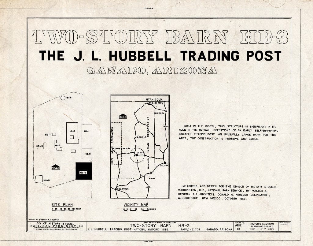 Blueprint HABS ARIZ,1-GANA,1C- (Sheet 1 of 7) - J. L. Hubbell Trading Post, Two-Story Barn, Navajo Indian Reservation, Near State Route 3, Ganado, Apache County, AZ
