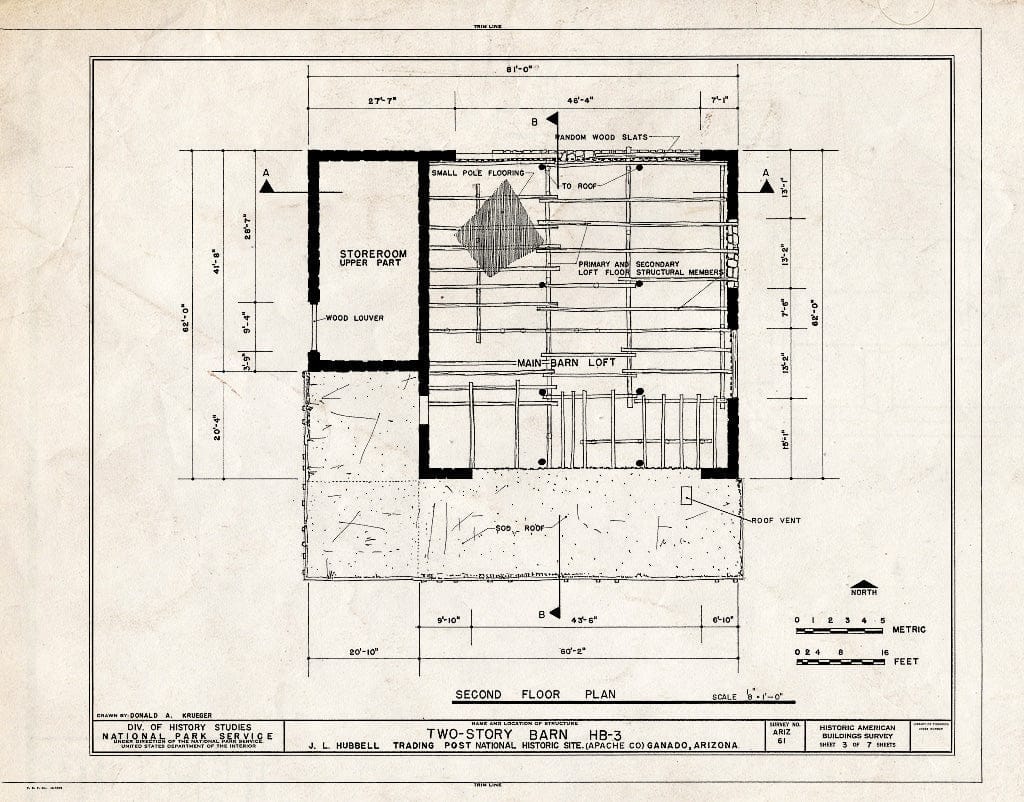 Blueprint HABS ARIZ,1-GANA,1C- (Sheet 3 of 7) - J. L. Hubbell Trading Post, Two-Story Barn, Navajo Indian Reservation, Near State Route 3, Ganado, Apache County, AZ