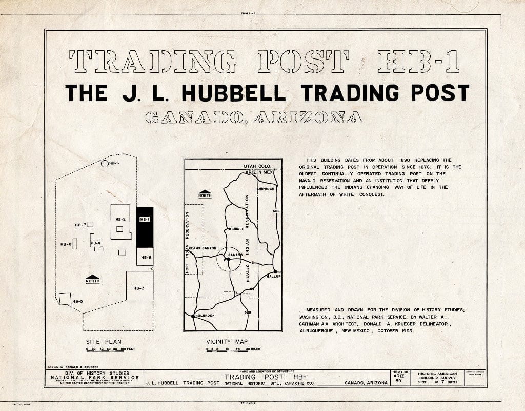 Blueprint HABS ARIZ,1-GANA,1A- (Sheet 1 of 7) - J. L. Hubbell Trading Post, HB-1, State Route 3 (Navajo Indian Reservation), Ganado, Apache County, AZ