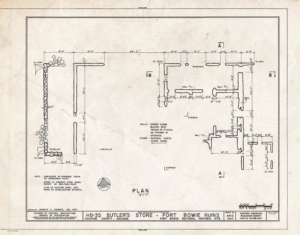 Blueprint HABS ARIZ,2-BOWI.V,1J- (Sheet 1 of 4) - Fort Bowie, Sutler's Store, Bowie, Cochise County, AZ