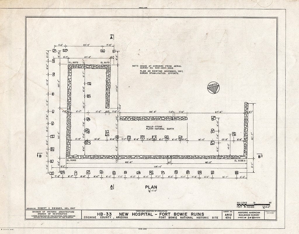 Blueprint HABS ARIZ,2-BOWIV,1I- (Sheet 1 of 3) - Fort Bowie, New Hospital, Bowie, Cochise County, AZ
