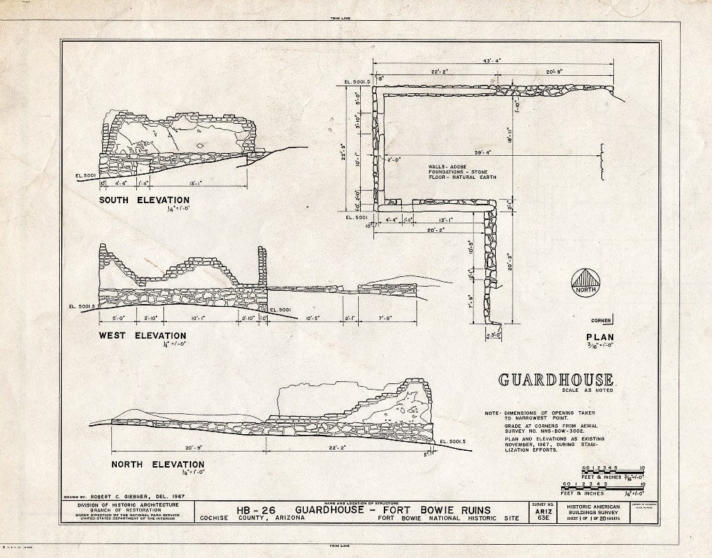 Blueprint HABS ARIZ,2-BOWI.V,1G- (Sheet 1 of 1) - Fort Bowie, Guardhouse, Bowie, Cochise County, AZ